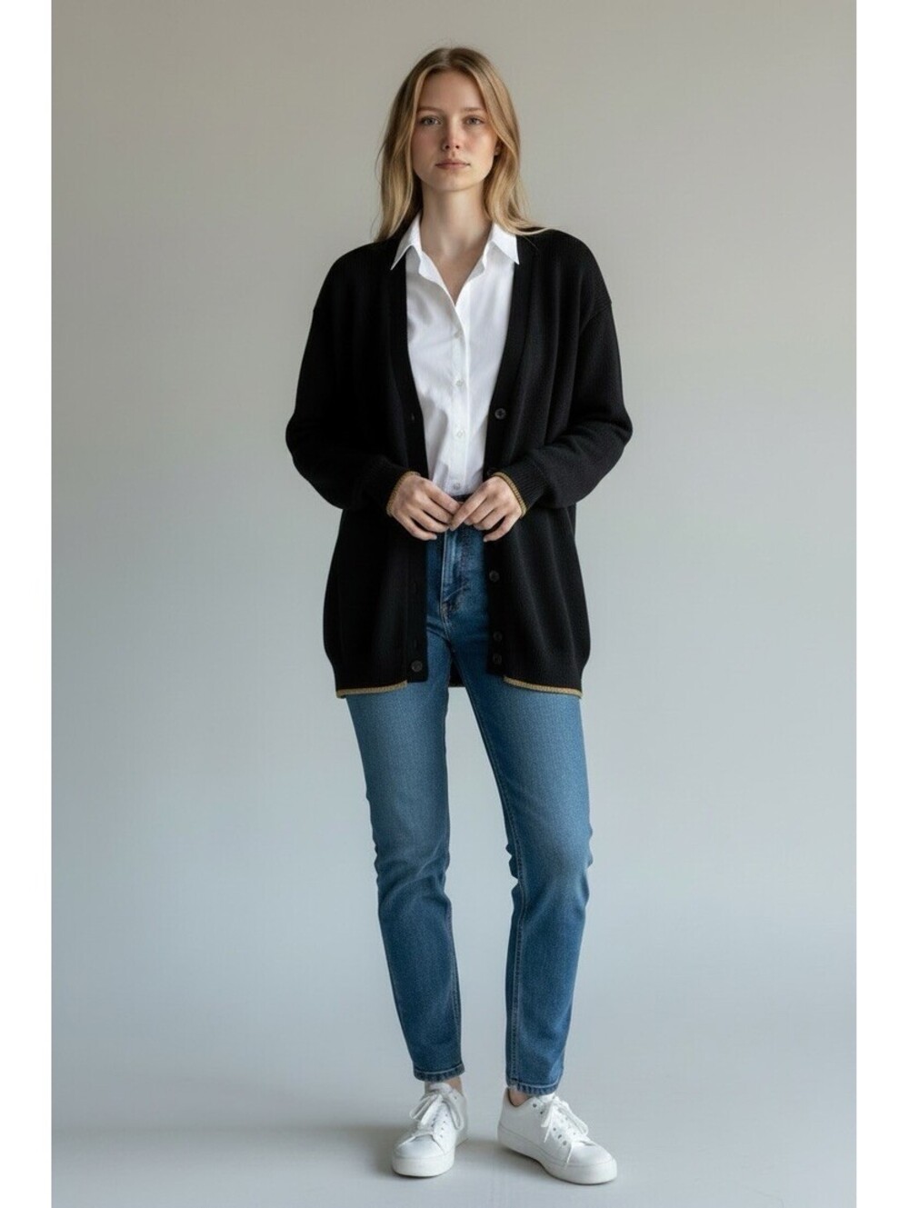 Perry Ellis Portfolio Black Wool Cardigan Gold Trim Women Small, Vintage